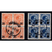 Danmark - 2 stk. 20 øres provisorier - 4 blokke - Stemplet